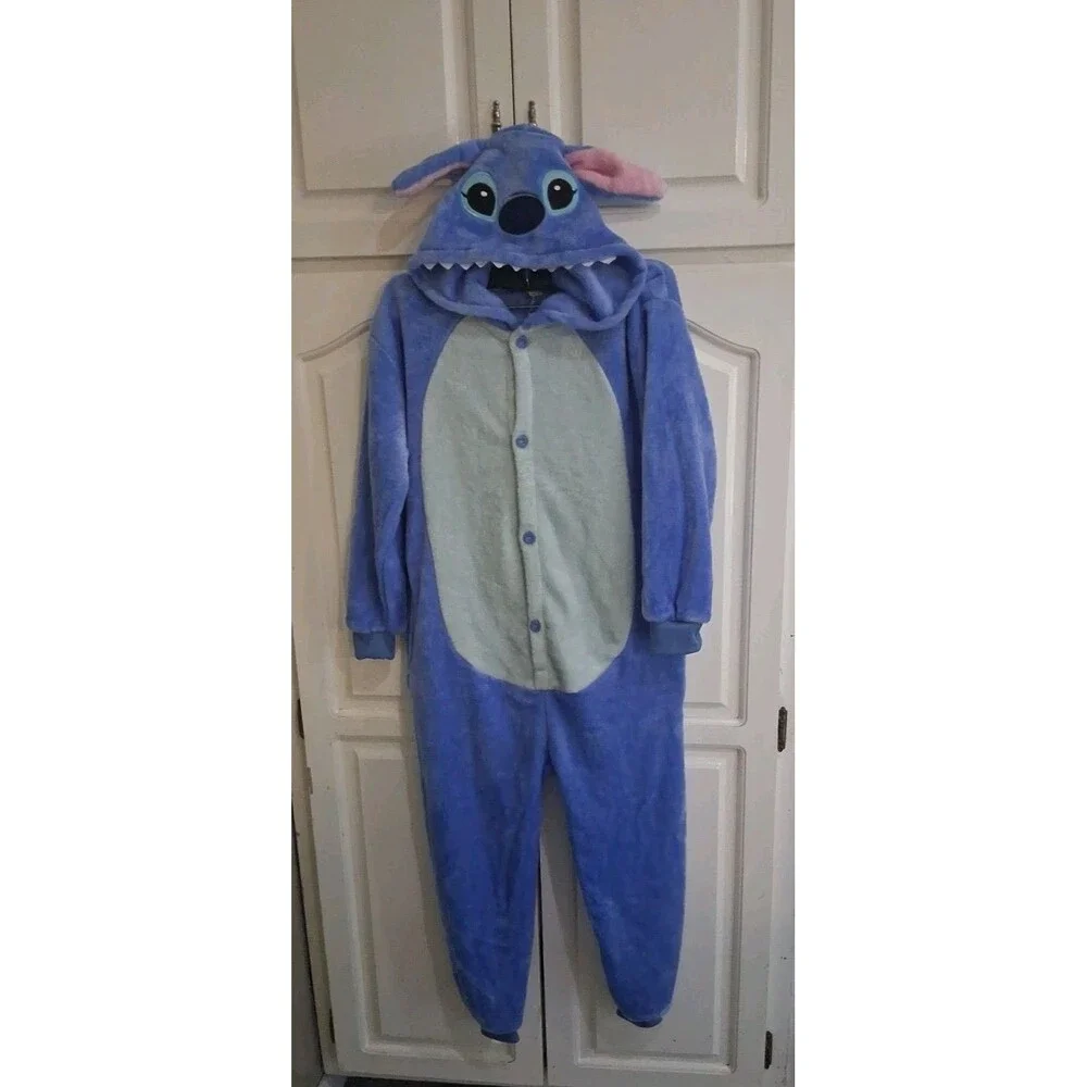 Stitch Costume Kids Size  7/8 Years Blue Fleece Hooded One Piece